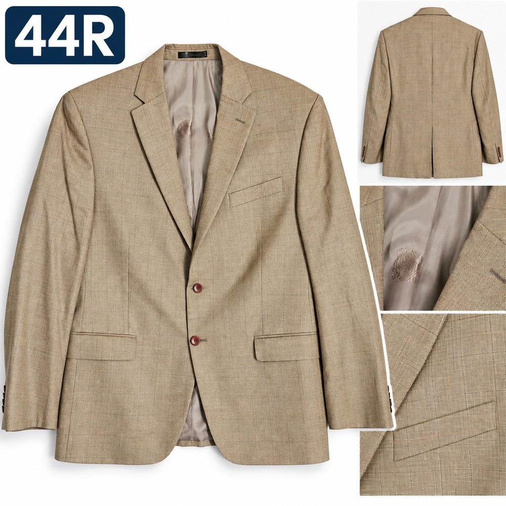 Austin Reed Mens Tan Glen Plaid 2-Button Blazer Sport Coat Double Vent Size 44R
